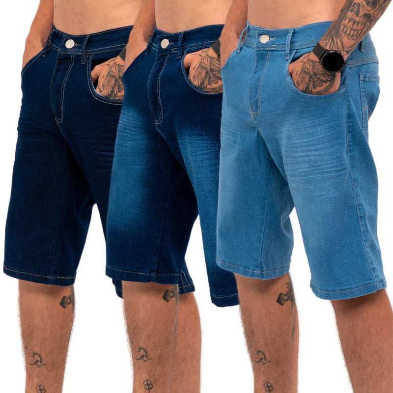 Kit 3 Bermudas Jeans Masculina Lycra Elastano